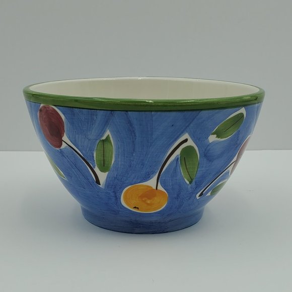 KIC Fresh Fruit Cherries Bowl Handpainted Thailand Blue Bowl Yellow Red Cherry - Picture 1 of 6